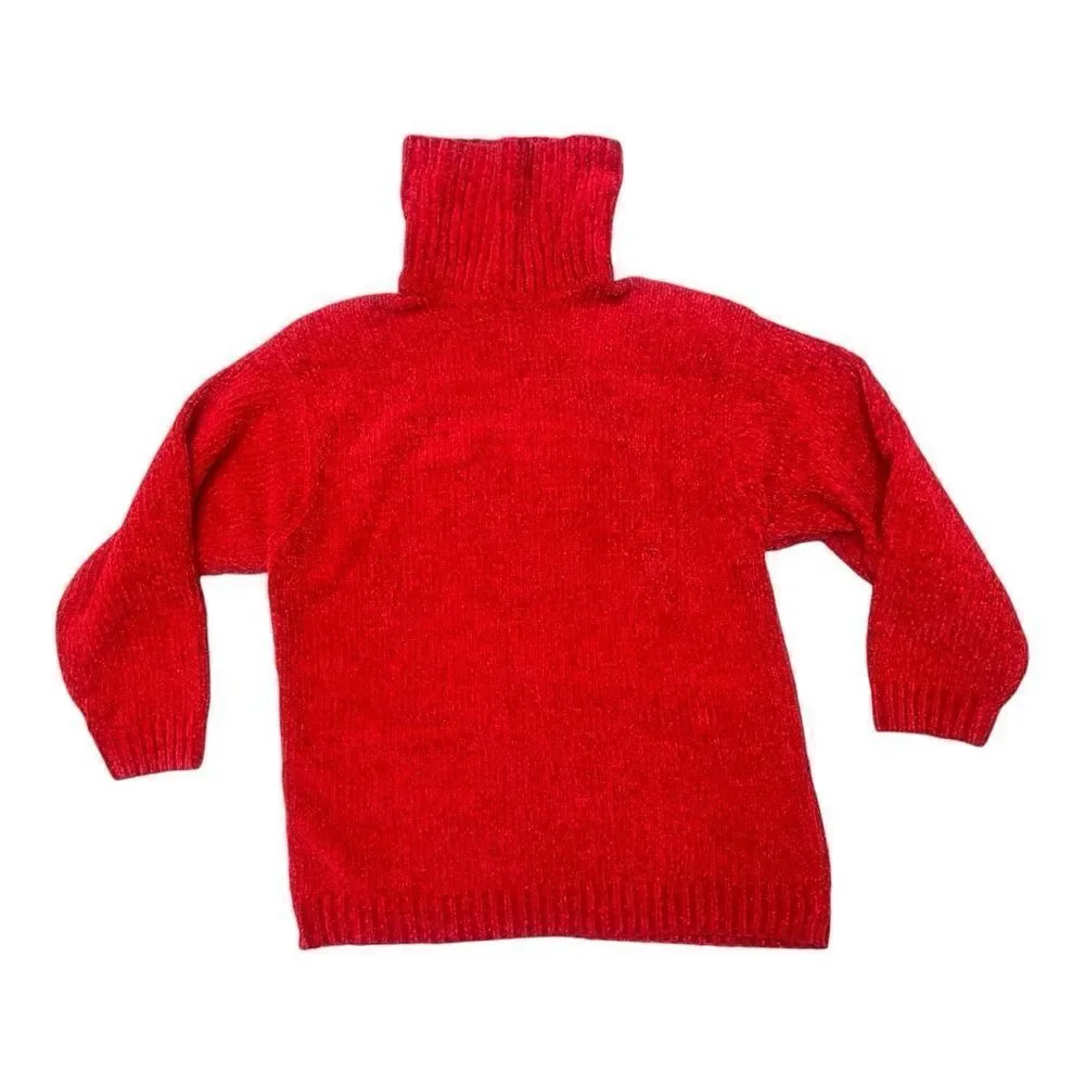 Vintage Liz Wear Red Chenille Turtleneck 80s Shoulder Pads Size Large EUC